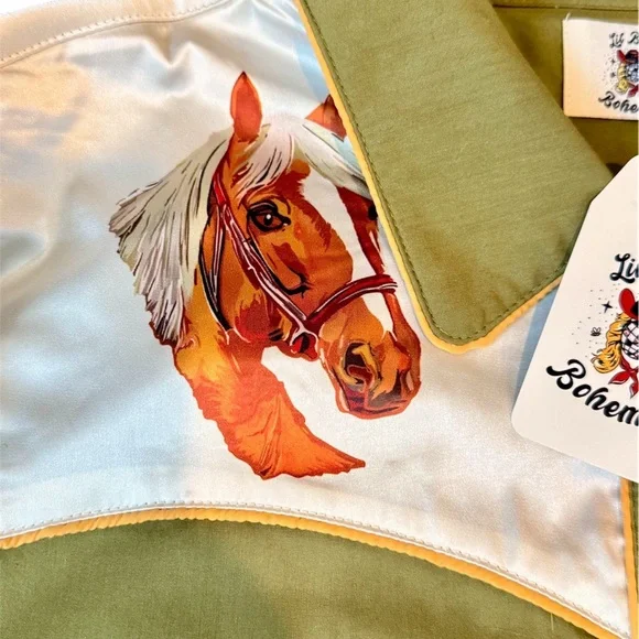 Western Olive Green Shirt with Horse Print - Picture 7 of 8